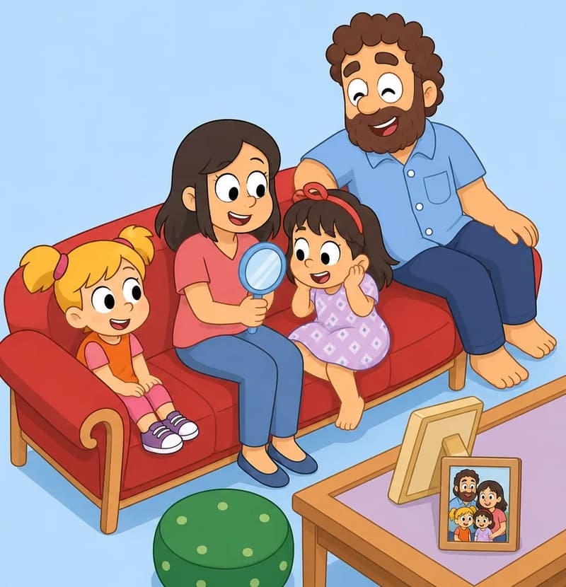 On the right side of the image, the whole family is gathered on and around a red couch in a cozy living room. Mom sits on the couch smiling broadly, holding up a small round light-blue hand mirror toward Allie. Mom has shoulder-length dark brown hair, large round black eyes, light/fair skin, and wears a coral-red short-sleeved top, blue jeans, and dark blue flat shoes. Allie sits beside Mom on the couch, looking delighted with a big grin as she sees herself in the mirror, one hand resting on her cheek. Allie has a round face, large black eyes, light/fair skin, bare feet, and her short brown hair now has a red hairband on it. She wears a light purple/lavender short-sleeved dress with a small diamond pattern. Sister sits on the left end of the couch, turned toward the others and smiling happily. Sister has golden-blonde hair in two short pigtails with pink hair ties, large dark eyes, light/fair skin, and wears an orange short-sleeve top over a pink t-shirt with pink leggings and purple-and-white sneakers. Dad is perched on the arm of the couch behind them, laughing with his eyes closed. Dad is stocky with light/fair skin, large round white eyes with black pupils, a wide round nose, a full curly dark-brown beard and matching curly dark-brown hair, wearing a light blue short-sleeved button-up shirt with a front chest pocket and dark navy-blue pants, with bare feet. On the lower right, a small coffee table with a pink/lavender top holds a framed family photo and a second empty frame, and a round green polka-dot cushion sits on the floor nearby. The left portion of the image is plain light blue background. The hairband is red and has a little bow on it.