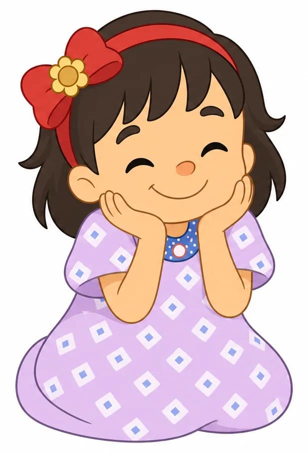 On the left side of the image, Allie stands facing forward with her eyes closed and a big, delighted smile, cupping both hands under her chin in a pleased, contented pose. She has a round face, large black eyes (closed), light/fair skin, and short badly-cut brown hair with a red headband with a red bow and gold flower accent. She wears a light purple/lavender short-sleeved dress. The background is plain white, leaving the right side completely open for text.