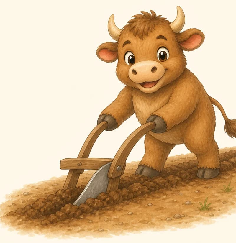 Eloy pulling a simple wooden plow across a patch of soil. His expression is calm and content as he works. A line of freshly turned earth follows behind the plow. Mood: gentle, hard-working.