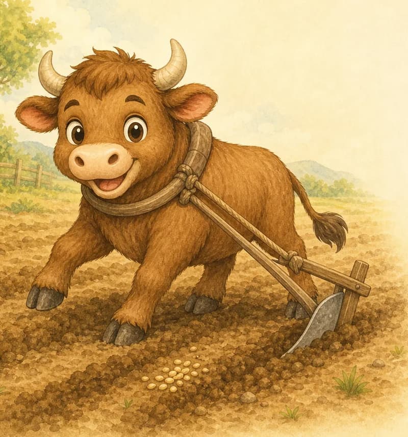 Eloy pulling the plow in a strong, powerful stance — clearly emphasising effort and strength. Behind him a few neat furrows are visible in the dry soil, and a small handful of seeds sits ready beside one of the furrows. Mood: strong, capable, focused.