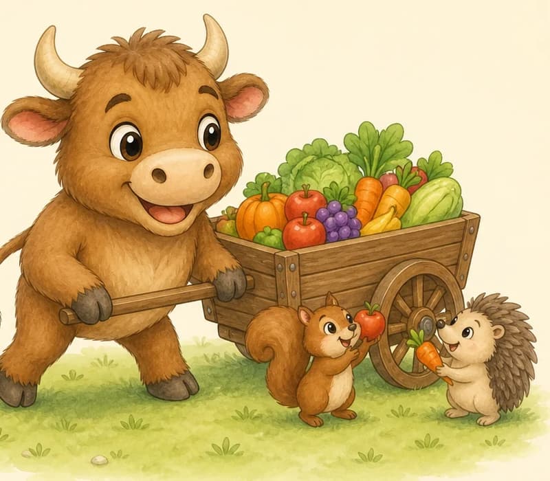 Eloy pulls a simple wooden cart piled with fruits and vegetables across the park grass. One or two unnamed small park animals stand beside the cart, taking food from it and looking up at Eloy with grateful expressions. Eloy smiles back. Mood: cheerful, generous, community service.