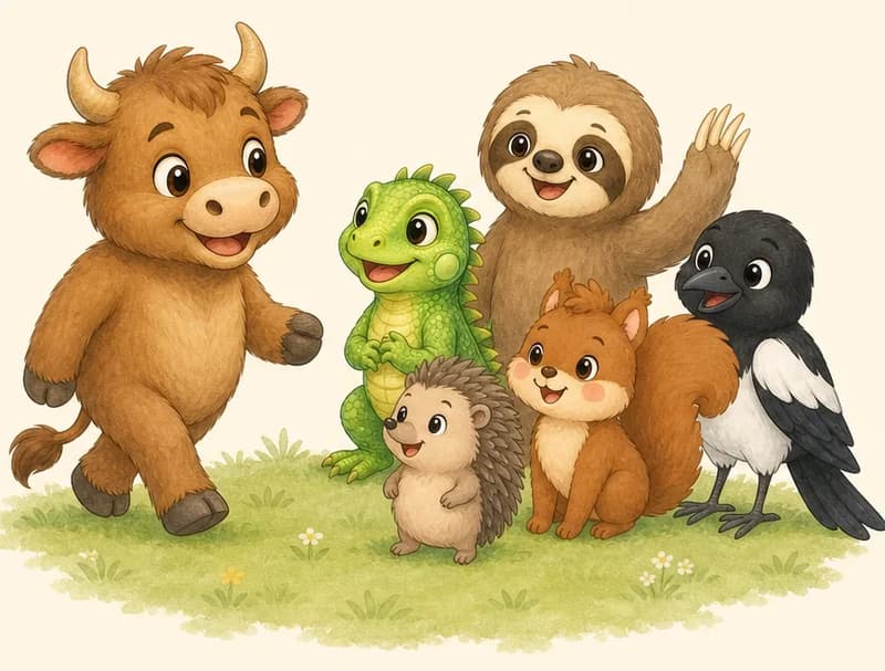 Eloy walks across the park grass toward his five friends, who are grouped together waiting for him. Adela, Enrique, Irene, Octavio and Úrsula are all clearly recognisable and visible in the group. Eloy smiles in greeting. Mood: cheerful, friendly reunion.
