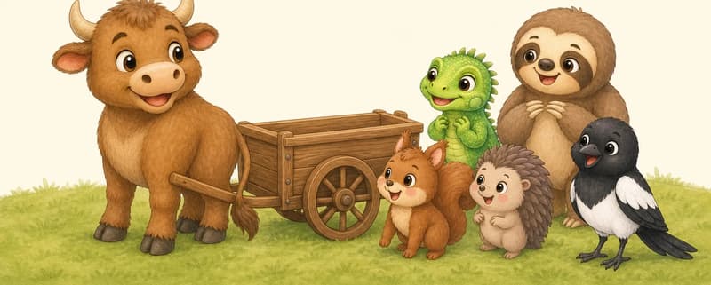Eloy stands beside his wooden cart, looking back at his five friends with a friendly inviting smile. The friends are clustered close together near the cart, all looking excited and happy at the invitation. Mood: anticipation, joyful agreement.
