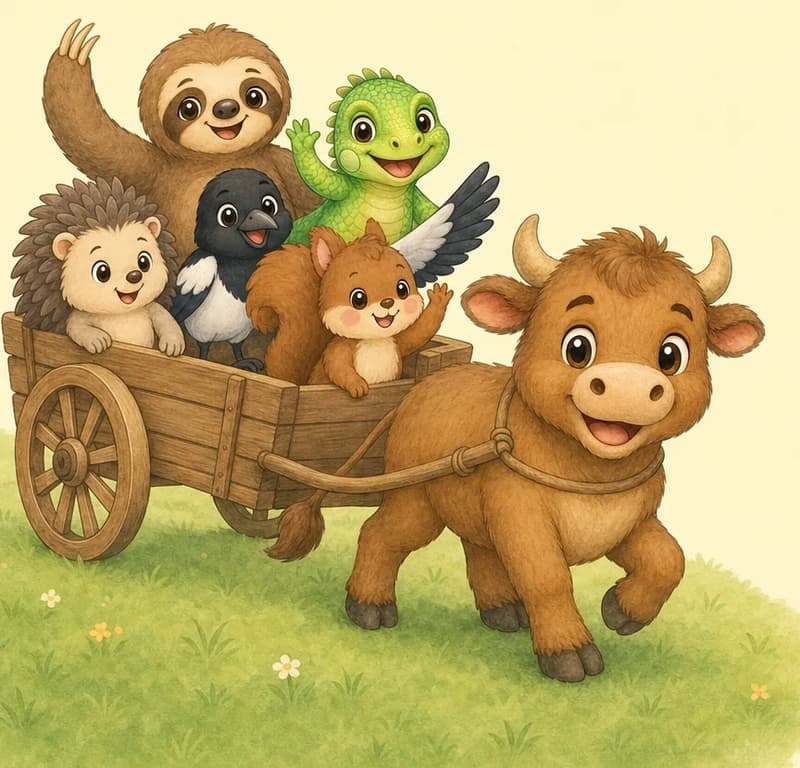Eloy pulling the wooden cart through the park with his five friends riding inside it, all smiling and waving with delight. The cart and Eloy move together as one happy group across the park grass. Mood: joyful, adventurous, the closing feel-good page.