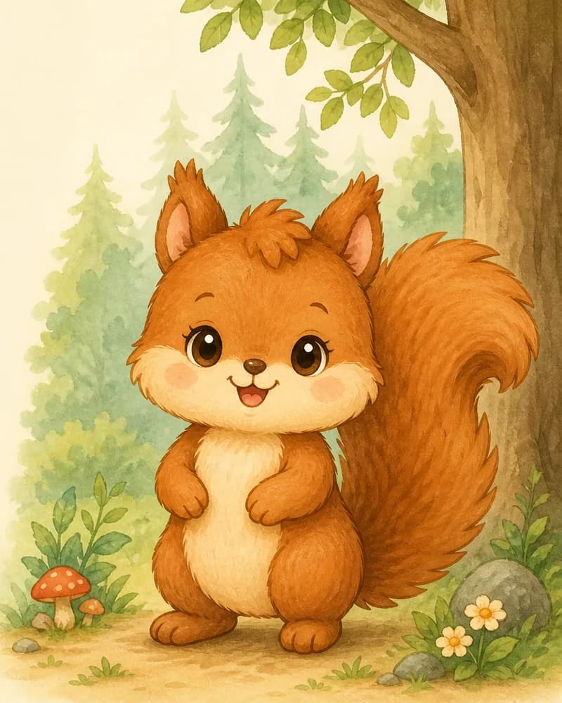 Introduce Adela. Show her full body in a clear, friendly standing pose on a soft forest setting. Long fluffy dishevelled tail clearly visible. Welcoming mood.