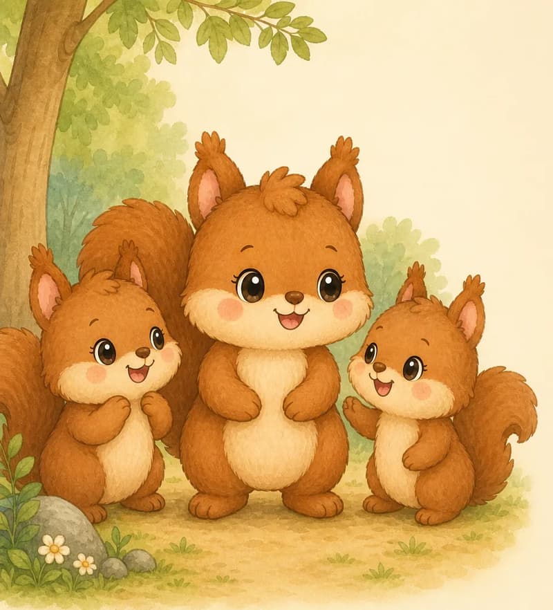 Adela stands surrounded by a small group of squirrel friends, all close together and smiling. Mood: warm and social.