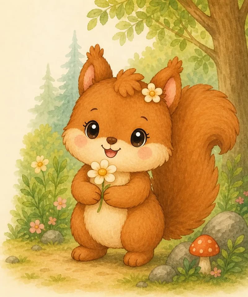 Alina alone in a soft forest setting, with a clearly kind, gentle expression — perhaps holding a small flower or smiling softly. Mood: warmth and kindness.