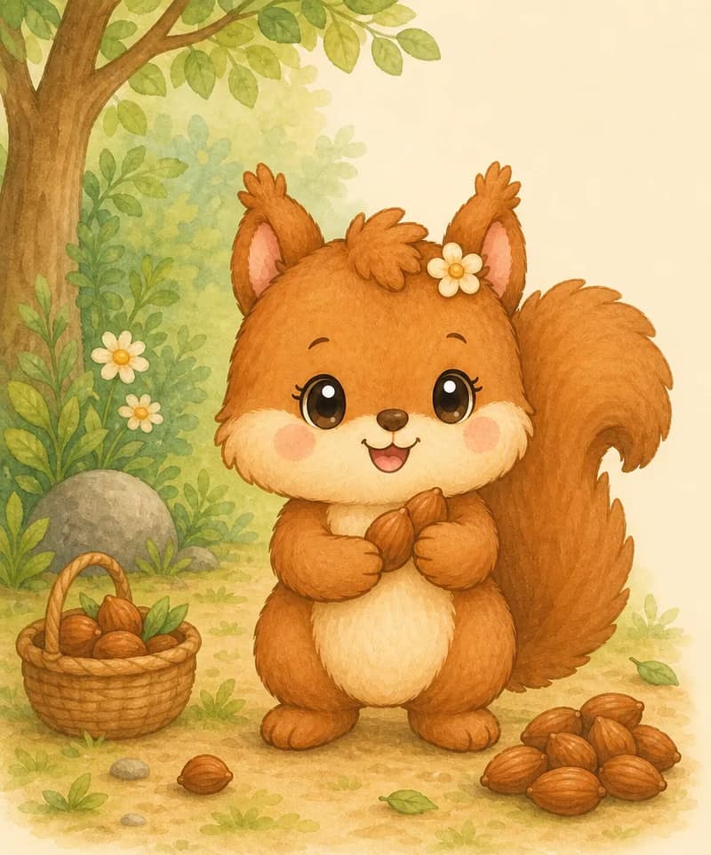 Alina is bent over or standing on her back legs, gathering almonds. She holds one or two in her front paws and there is a small pile of almonds beside her. Simple natural setting.