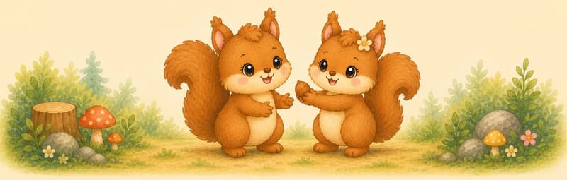 Alina holds out an almond (or a small handful) to Adela, who reaches to accept it. Both squirrels smile warmly. Mood: friendship and sharing.