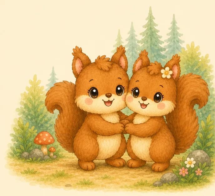 Adela and Alina side by side in a happy, close pose — perhaps cheek-to-cheek or with paws linked — beaming at the reader. Soft forest setting. Closing-page warm friendship mood.