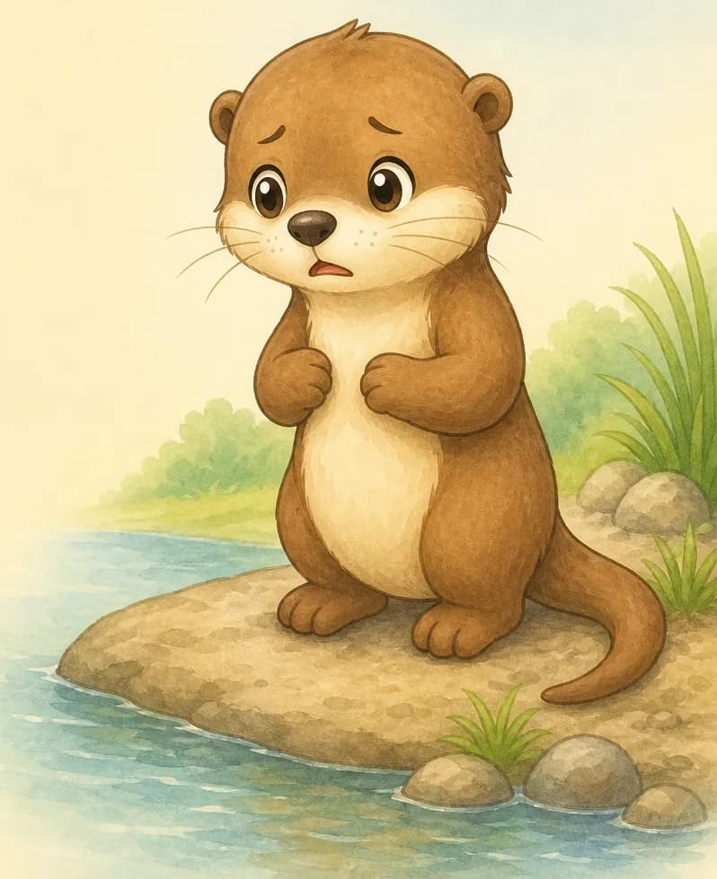 Nancy stands on a riverbank or rock at the edge of calm water, looking at the water with a hesitant, worried face. She is clearly on the dry edge — not in the water.