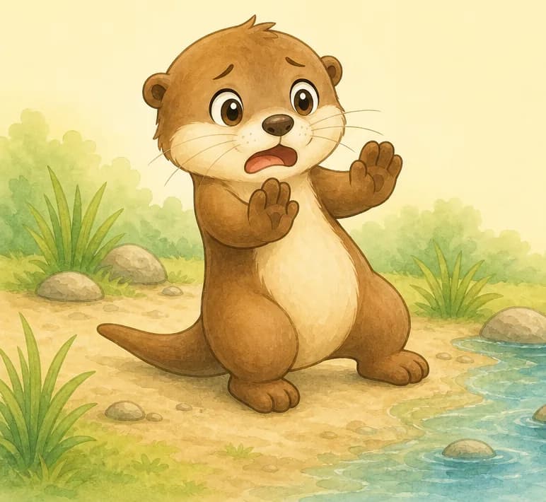 Nancy backs away from the water's edge with a clearly scared face — eyes wide, ears back, paws slightly raised. The water is calm but she is afraid of it.