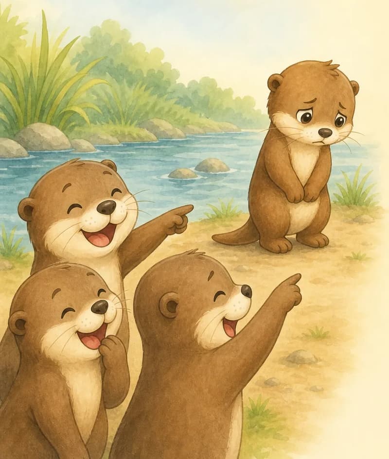 Nancy stands apart with a sad, downcast face while two or three unnamed otters laugh and point at her in the foreground. The other otters' postures are clearly teasing. Mood: gentle but unhappy.