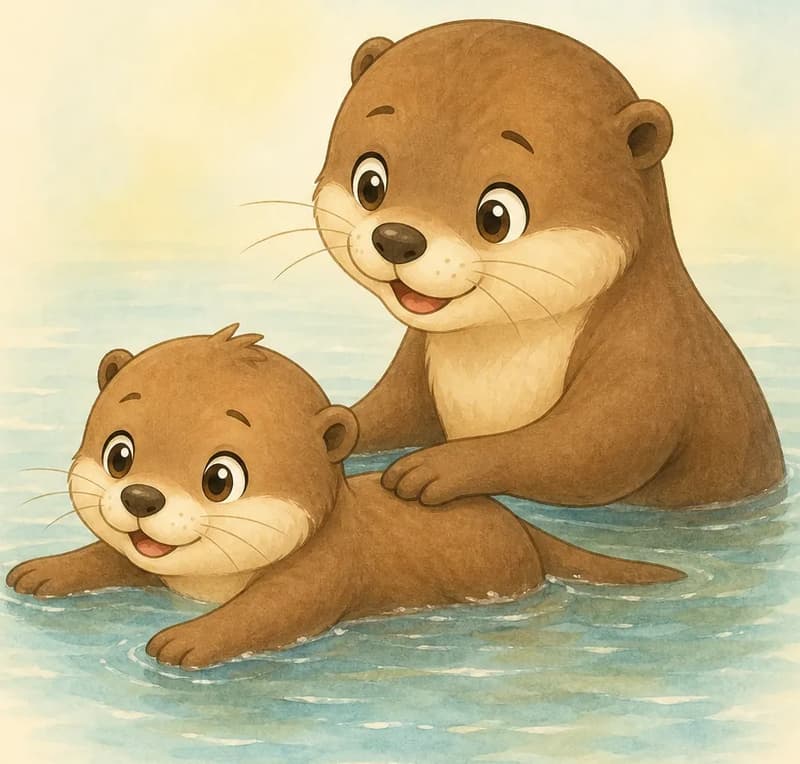 Nancy in shallow water, supported by her mother who is teaching her to swim — perhaps the mother holds her gently with a paw on her back. Both look encouraged and gentle.