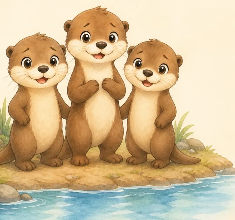 Introduce Nancy. She stands on a riverbank near the water with her two siblings Natalia and Nico beside her. The three are clearly otter siblings of similar build. The water is visible to one side of the group. Mood: warm and welcoming — the reader's first look at the main character.