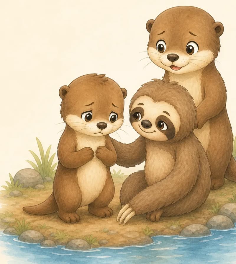 Nancy looks down sadly. Octavio sits or leans next to her with a kind, comforting expression, perhaps a paw extended toward her. Slightly behind them, an unnamed adult otter (Nancy's mother) stands looking on encouragingly. Mood: gentle, comforting, friendship and support.