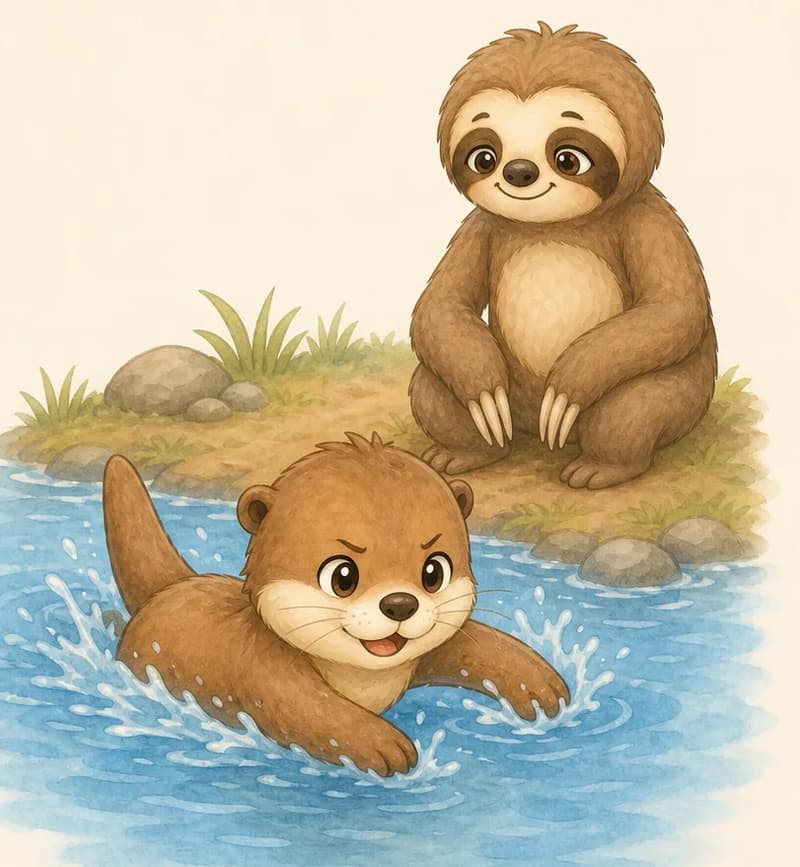 Nancy paddling in the river for the first time — clearly making an effort, with a determined expression. Octavio is on the bank nearby, watching her supportively. Mood: brave first try, persistence beginning.