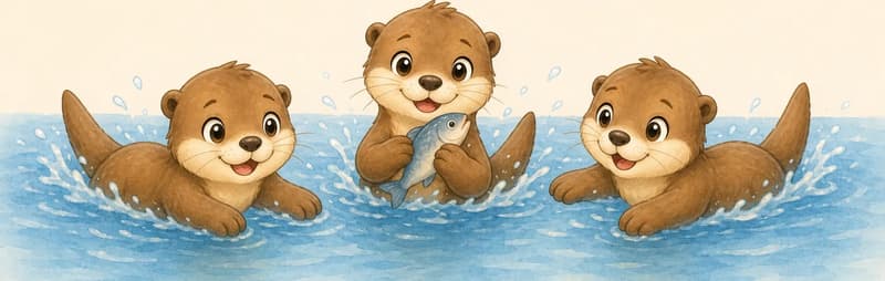 Nancy swims confidently in the river holding a small fish in her paws or mouth. Natalia and Nico swim happily alongside her. Mood: confident, accomplished, joyful.