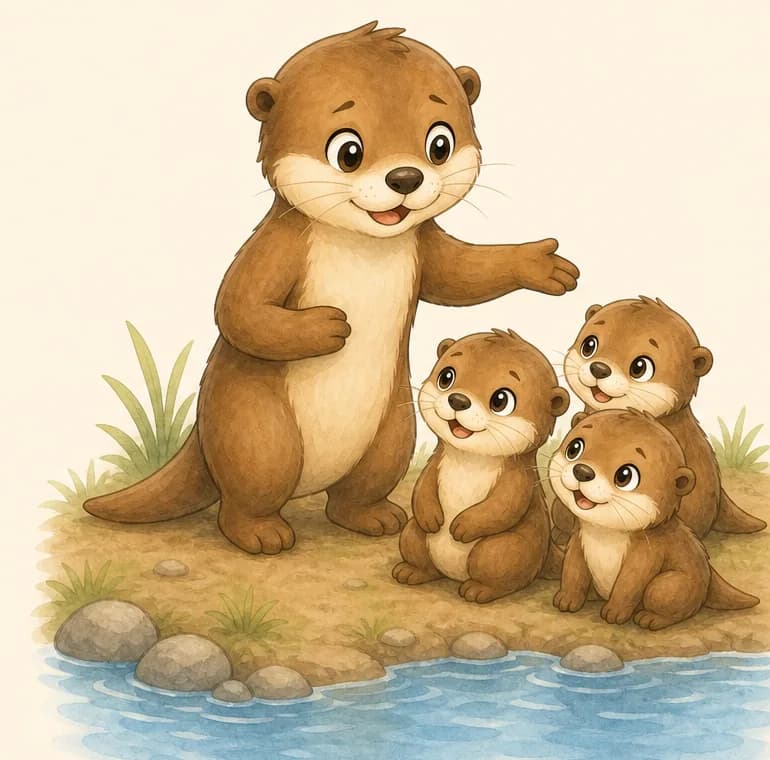 Nancy stands on the edge of the water with two or three small baby otters gathered around her. She gestures kindly toward the water as if teaching them. The baby otters look up at her trustingly. Mood: nurturing, patient, encouraging.