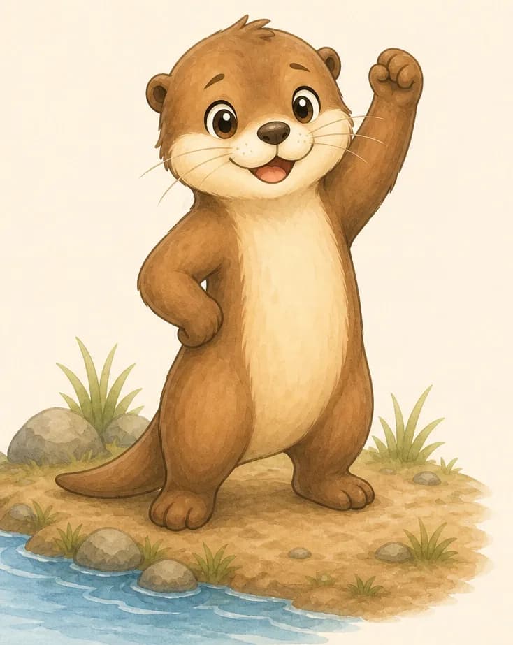 A celebratory closing portrait of Nancy. She stands proudly on a riverbank in a confident pose, perhaps with one paw raised in triumph. A glimpse of water beside her. Mood: proud, accomplished, the closing feel-good page.