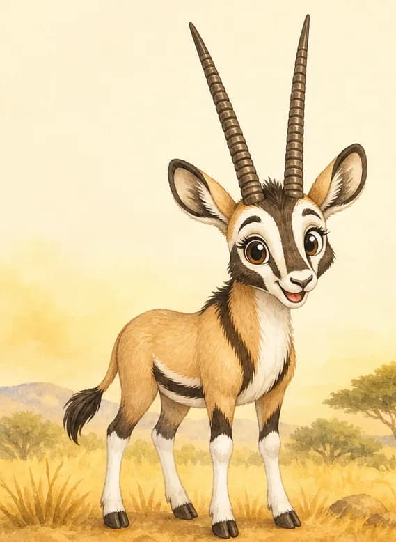 Introduce Calixto. Show him in a clear, friendly full-body standing pose so the reader can clearly see his two long straight ringed horns and his dark face mask markings. Soft savanna-style background.