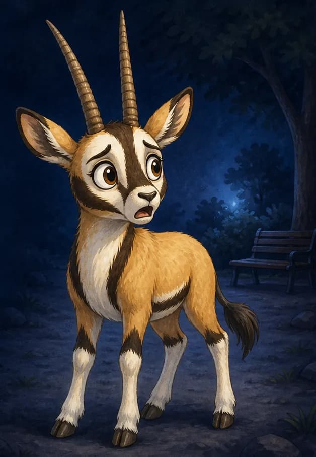 A dark, moonless and starless night in the park. Calixto stands alone, eyes wide with fear, ears alert as if hearing something. A faint, eerie glow suggests the unseen voice speaking from the shadows — but the ghost is NOT visible on this page (it appears on the next page). Calixto is the focus.