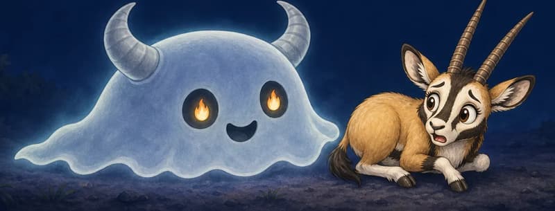 Calixto, a frightened young gazelle with long ribbed horns, crouches low on the ground on the right, looking back anxiously at a semi-transparent ghost beside him. The ghost is a low, rounded blob hugging the ground on the left, about the same size as Calixto, with big curved grey horns, fiery eyes (small soft flames — readable, not frightening for young children), and a small friendly open-mouthed smile. Dark park night under a deep blue sky.