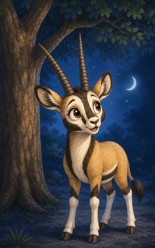 Calixto stands beside a sturdy tree at night, listening. His expression is beginning to calm — the soft voice is reassuring. The speaker (Zulma) is NOT yet visible — perhaps just a small shape hidden in the tree's branches, or off-page. Mood: hushed, comforting night.