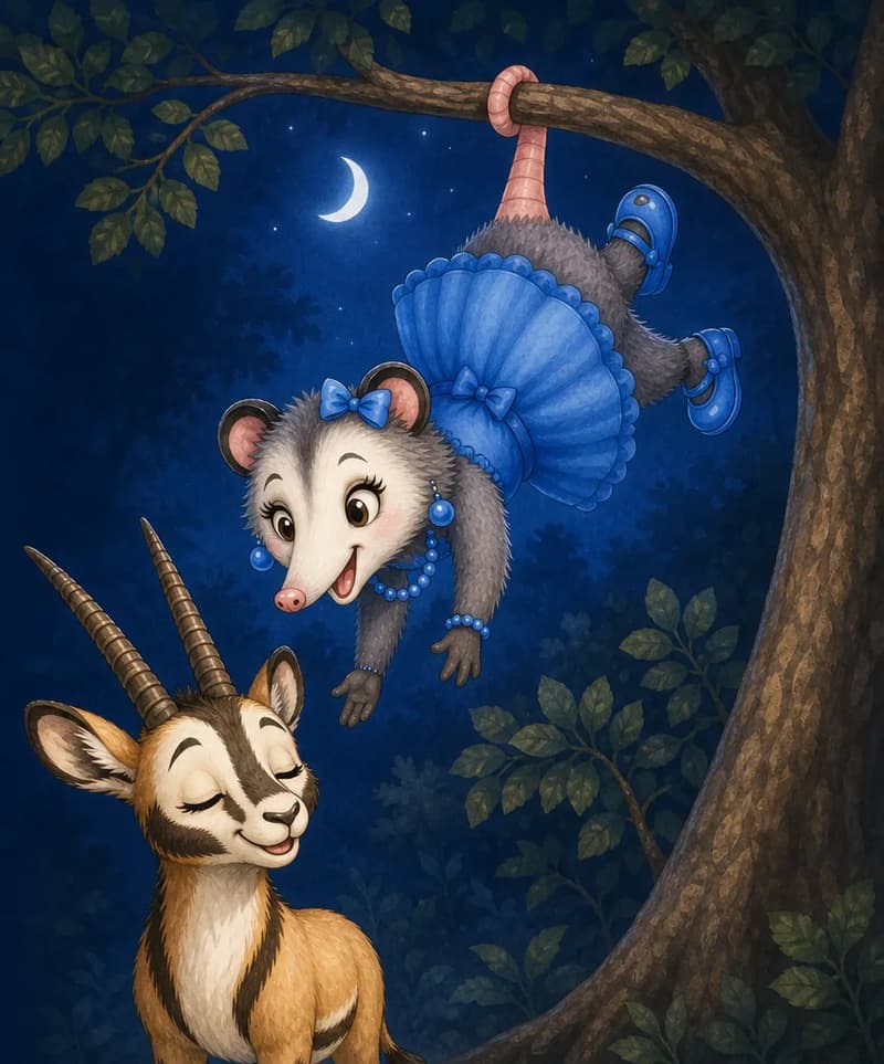 The reveal of the soft voice's owner: Zulma the opossum hangs upside-down from her tail on a branch above where Calixto stood. Her expression is kind and reassuring. The mood is gentle moonlight calm. Calixto may also appear, eyes now closing peacefully.