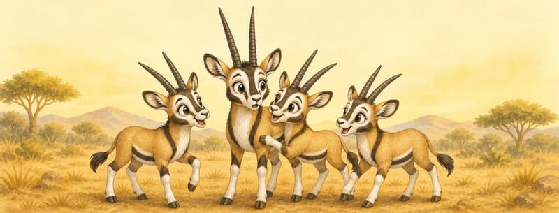 Morning light. Calixto is joined by his three oryx siblings, who have just found him. They look relieved and happy to see him. The four oryxes are grouped together, with Calixto in the middle as the focus. Mood: warm reunion.