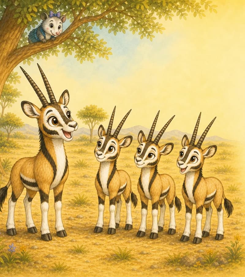 Daytime in the park. Calixto enthusiastically tells his story to his three siblings, gesturing with great excitement (perhaps gesturing toward the tree above). The siblings look skeptical, amused, raising eyebrows — they do not believe him. Zulma may be subtly visible in the tree branches in the background, but the focus is the lively conversation.