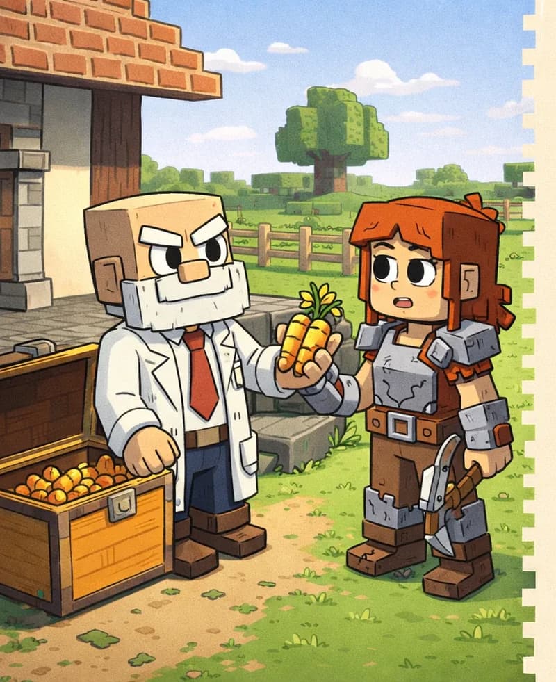 This is a Minecraft-style illustration. On the left side of the image, Dr. Can Do — a blocky character with a cube-shaped head, light beige skin, white bushy eyebrows, a thick white mustache, and small dark eyes — is standing near an open chest, holding golden carrots and passing them toward Jill. He wears a white lab coat over a white dress shirt with a red necktie, dark brown belt, dark navy-blue pants, and dark brown shoes. Jill stands beside him looking tired and roughed up, with shoulder-length auburn/copper-orange hair and a side-swept fringe, large round dark eyes, and light skin. She wears cracked, battle-worn armor over her bright orange sleeveless top, with her gray-and-brown pickaxe slung at her side. The scene is set outdoors during daytime in front of a brick-and-stone house, with green grass, wooden fences, and blocky trees in the background. The right ~40% of the image is a plain beige/parchment area reserved for text overlay.
