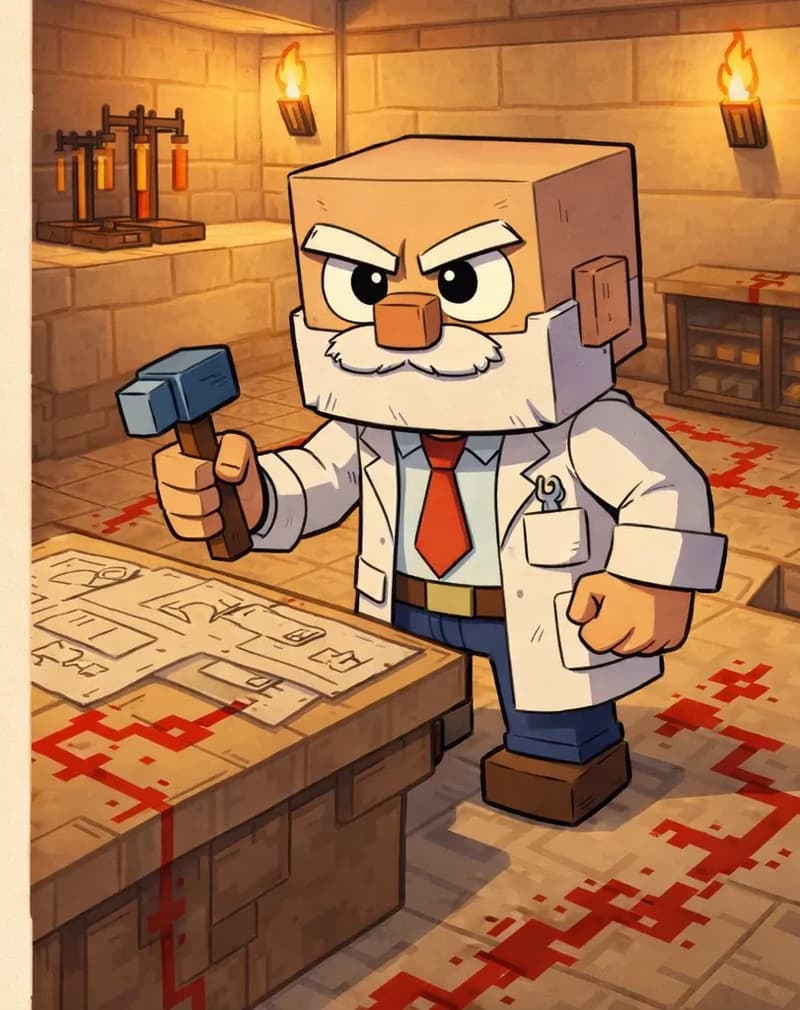 On the right side of the image, Dr. Can Do — a blocky, cube-headed character with light beige skin, white bushy eyebrows, a thick white mustache, and small dark eyes — stands with a focused, determined expression inside a sandstone workshop, leaning over a bench covered with spread-out paper sketches and designs. He wears a white lab coat over a white dress shirt with a red necktie, dark brown belt, dark navy-blue pants, and dark brown shoes. Redstone circuitry is laid out across the floor and on nearby surfaces. Brewing stands and other crafting equipment are visible on a counter behind him. The indoor scene is warmly lit by torches mounted on the walls, giving the workspace a cozy, industrious feel. The left side of the image is clear plain background reserved for text.