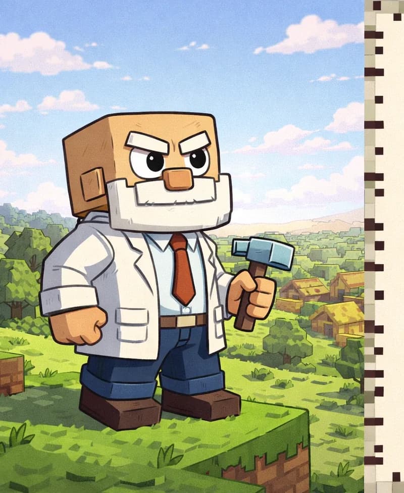 On the left side of the image, Dr. Can Do — a blocky, cube-headed character with light beige skin, white bushy eyebrows, a thick white mustache, and small dark eyes — stands at the edge of a Minecraft village in a grassy plains biome, viewed from a slight low angle, gazing out toward the horizon with a determined expression. He wears a white lab coat over a white dress shirt with a red necktie, dark brown belt, dark navy-blue pants, and dark brown shoes. The outdoor scene features green grass, scattered trees in the middle distance, and green hills stretching toward a faintly visible sandy desert on the far horizon, under a bright blue sky with soft pink-tinged clouds suggesting daytime. The right ~40% of the image is a plain beige text panel framed by a pixelated border, left clear for text overlay.