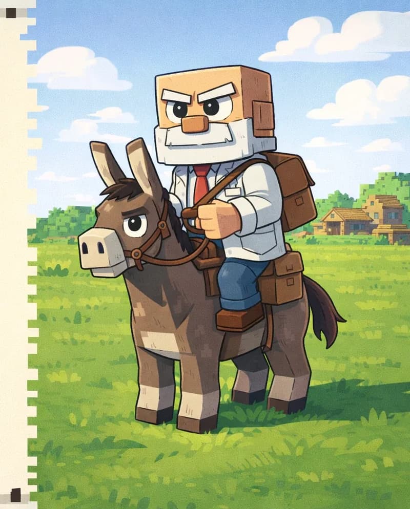On the right side of the image, Dr. Can Do — a blocky, cube-headed character with light beige skin, white bushy eyebrows, a thick white mustache, and small dark eyes — sits upright in a saddle atop a blocky Minecraft-style donkey, looking determined and ready to ride. He wears a white lab coat over a white dress shirt with a red necktie, dark brown belt, dark navy-blue pants, and dark brown shoes, with a bag slung over his shoulder. The donkey stands on a grassy field with a village visible in the distant background. The outdoor scene shows a bright daytime sky with scattered clouds and green grass stretching to the horizon. The left side is plain background reserved for text.