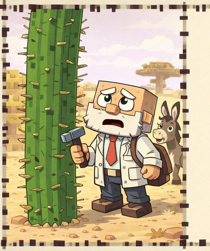 On the left side of the image, Dr. Can Do — a blocky, cube-headed character with light beige skin, white bushy eyebrows, a thick white mustache, and small dark eyes — stands in a desert landscape, looking up with a concerned, worried expression at a tall, towering cactus that looms over him with rough prickly spines sticking out in every direction. He wears a white lab coat over a white dress shirt with a red necktie, dark brown belt, dark navy-blue pants, and dark brown shoes, with a bag slung over his shoulder. A blocky Minecraft-style donkey shuffles backwards nervously behind him. The outdoor scene features sandy ground under a pale sky. The right ~40% of the image is a plain beige panel reserved for text, with a decorative border framing the entire page.