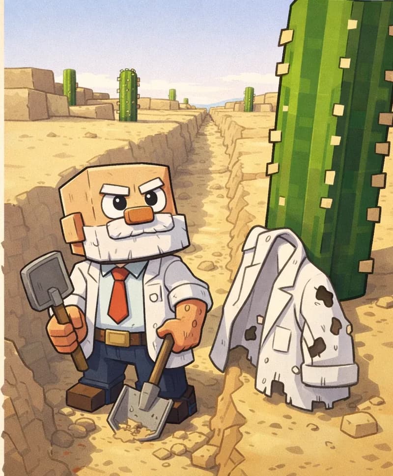 On the right side of the image, Dr. Can Do — a blocky, cube-headed character with light beige skin, white bushy eyebrows, a thick white mustache, and small dark eyes — stands in a long dug-out trough in the desert, holding a shovel and looking up with a determined expression at a tall cactus beside him. He wears a white dress shirt with a red necktie, dark brown belt, dark navy-blue pants, and dark brown shoes — his white lab coat is draped over a nearby cactus, looking punctured and torn from his failed attempt to pick up the cactus with it. Rough blisters are visible on his hands. The trench stretches through the sandy terrain toward the distant horizon, with more cacti and sand dunes visible in the background under a clear sky. The left side of the image is plain background reserved for text.