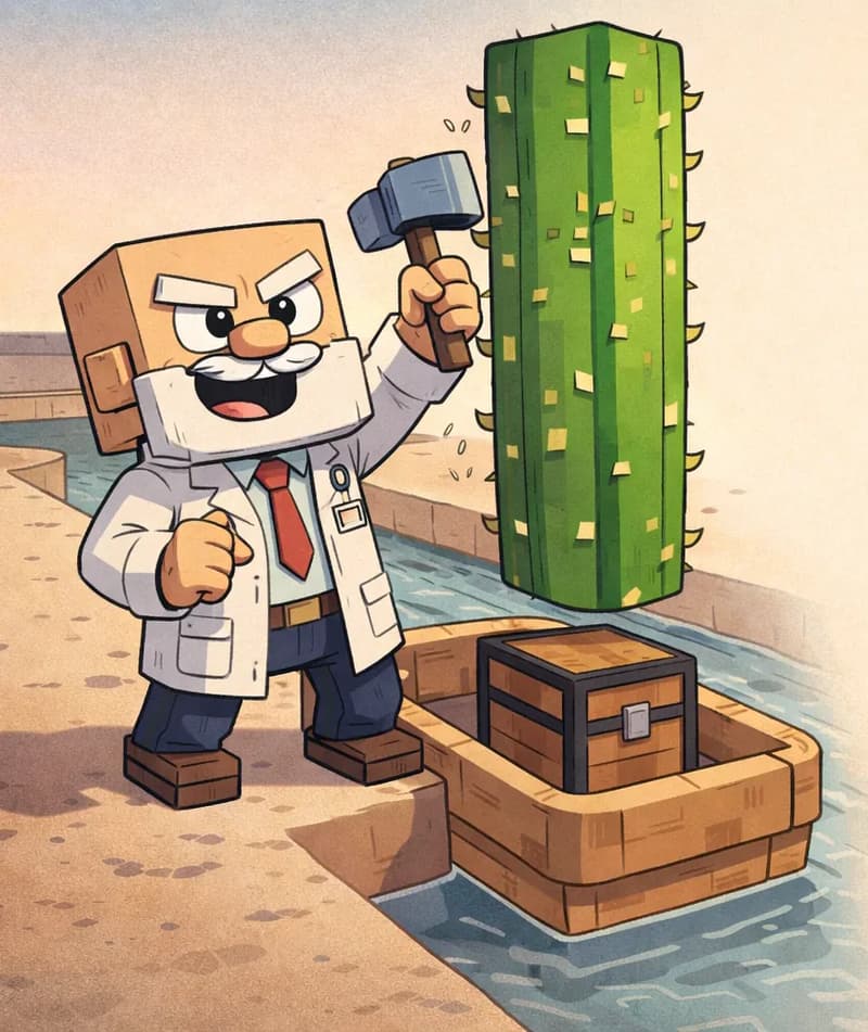 On the left side of the image, Dr. Can Do — a blocky, cube-headed character with light beige skin, white bushy eyebrows, a thick white mustache, and small dark eyes — stands beside a tall cactus in an outdoor desert setting, holding a mallet raised mid-swing with a determined, laughing expression, about to knock down the cactus. He wears a white lab coat with an ID badge clipped to the chest pocket, over a light shirt with a red necktie, dark brown belt, dark navy-blue pants, and dark brown shoes. Below the cactus, a wooden boat floats in a water-filled trough, with a wooden chest placed inside the boat, positioned directly beneath the cactus so the pieces will tumble into the chest when it falls. The water-filled trough stretches into the distance. The right side of the image is plain background reserved for text.