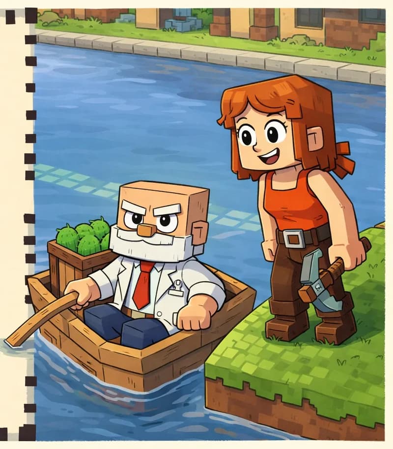 On the right side of the image, Dr. Can Do — a blocky, cube-headed character with light beige skin, white bushy eyebrows, a thick white mustache, and small dark eyes — sits in a small wooden boat floating in a canal, with a wooden chest full of cactus pieces behind him in the boat. He wears a white dress shirt with a red necktie, dark brown belt, dark navy-blue pants, and dark brown shoes, and has a proud, satisfied expression. Jill stands on the grassy bank beside the canal, looking down at him with a big smile, her shoulder-length auburn/copper-orange hair with a side-swept fringe visible, wearing a bright orange sleeveless top with a brown belt, dark brown pants, and brown boots, holding her gray-and-brown pickaxe at her side. The scene is outdoors in daylight, with calm blue water in the canal, green grass along the banks, and blocky village buildings visible in the background. The left side of the image is a plain parchment-colored area reserved for text.