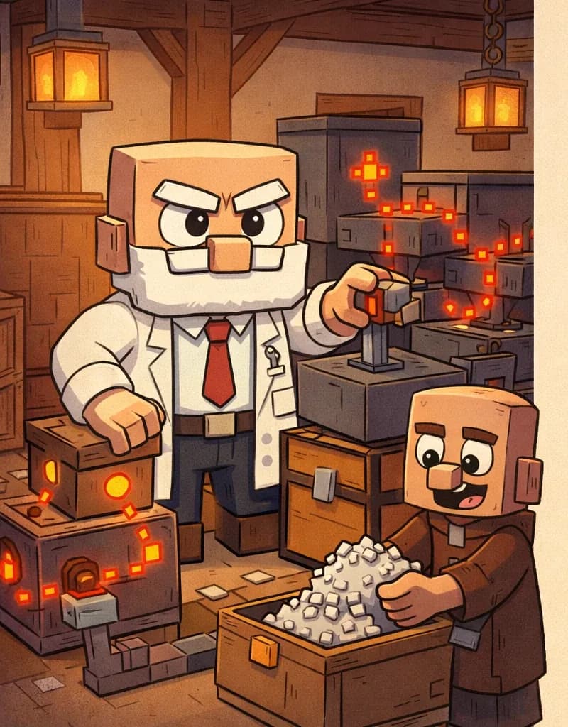 On the left side of the image, Dr. Can Do — a blocky, cube-headed character with light beige skin, white bushy eyebrows, a thick white mustache, and small dark eyes — stands facing the viewer with a focused, satisfied expression, holding a redstone switch in one hand as his other hand rests on the completed machine. He wears a white dress shirt with a red necktie, dark brown belt, dark navy-blue pants, and dark brown shoes. Behind him, the bone meal machine hums to life with redstone components, hoppers, and composters connected together, with glowing redstone dust illuminating the circuitry. A blocky Minecraft villager in brown robes is visible nearby, eagerly collecting piles of white bone meal from a chest. Warm lantern light illuminates the indoor workshop scene with wooden structures around them. The right ~40% of the image is plain beige background reserved for text.