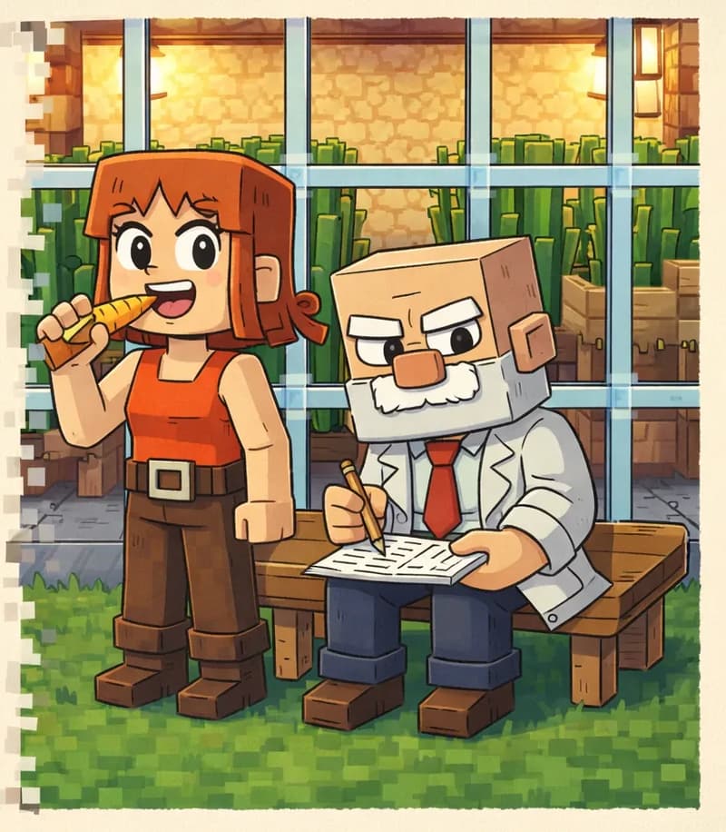 On the right side of the image, Jill stands on a grassy area in front of a large glass greenhouse, facing forward with a happy, amused expression as she munches on a golden carrot held in her hand. She has shoulder-length auburn/copper-orange hair with a side-swept fringe, large round dark eyes, and light skin, wearing a bright orange sleeveless top with a brown belt, dark brown pants, and brown boots. Beside her, Dr. Can Do — a blocky, cube-headed character with light beige skin, white bushy eyebrows, a thick white mustache, and small dark eyes — sits on a bench or block, already lost in thought with a distracted expression, sketching plans on paper with a pencil. He wears a white dress shirt with a red necktie, dark brown belt, dark navy-blue pants, and dark brown shoes. Behind them through the glass panels, green crops and garden beds are visible inside the lit greenhouse. The left side is a plain beige area reserved for text.