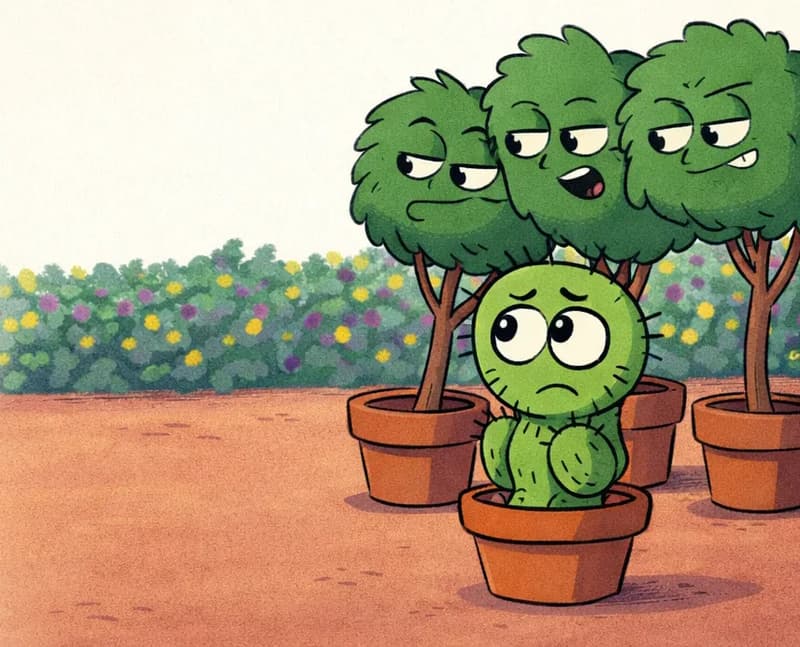 On the right side of the image, Spike stands in his terracotta pot looking sad and hopeful, facing a group of three potted trees who are clustered together with smug, dismissive expressions. The scene is set outdoors on reddish-brown ground with a colorful flowering hedge running across the background under a white sky. Spike's posture is slightly hunched and uncertain, while the trees lean together as a clique, clearly rejecting him.