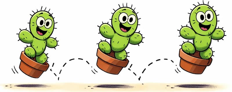 In the lower half of the image, Spike is shown in three sequential poses hopping cheerfully from left to right in his small terracotta pot, conveying movement across the scene. In each pose Spike has a happy, optimistic smile — unbothered and determined to keep going. Dashed bouncing lines between each position emphasize the hopping motion. The top half is plain white background, and the overall setting is a simple, minimal outdoor ground plane with soft shadows beneath the pot.
