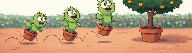 On the right side of the image, Spike is shown in a sequence of poses hopping across the scene in his terracotta pot, with dashed lines indicating his bouncing path. In the center-right, Spike stands in his pot looking up hopefully with a friendly smile at a grumpy orange tree, which has narrowed, annoyed-looking eyes peering out from its foliage. The outdoor scene features a warm peachy-orange ground with a colorful flower hedge running along the background.