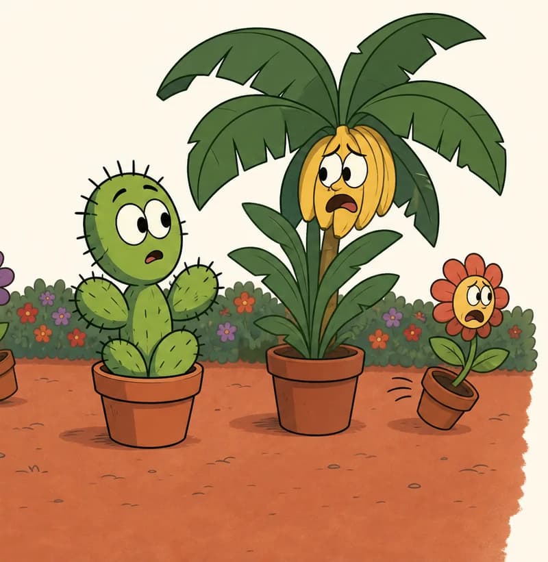 On the left side of the image, Spike stands in his terracotta pot on reddish-brown ground, facing a banana tree (also in a pot) that has a worried, fearful yellow face peeking out from its leaves. Spike has a slightly confused or uncertain expression, appearing to approach the banana tree. The scene is set outdoors in a garden with a colorful flower hedge running along the background under a plain white sky. Two additional small potted plant characters are visible — a flower to the right of the banana tree turning away, and another flower on the far left also moving away, both with small fearful facial features, fleeing the scene.