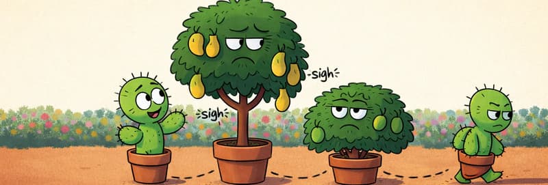 On the right side of the image, Spike is shown multiple times in a sequence — standing in his terracotta pot beside a tall mango tree and a smaller guava bush, both in pots with annoyed, sighing facial expressions. Spike appears with a hopeful but slightly sad expression as he approaches each tree. The scene is set outdoors in a sunny garden yard with a row of colorful flowering bushes in the background and warm reddish-brown ground. A dashed trail on the ground shows Spike's path moving from tree to tree, with one instance of Spike walking away toward the far right looking dejected.
