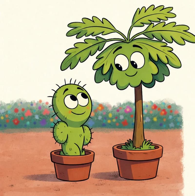 On the left side of the image, Spike stands in his terracotta pot looking up at Pawpaw tree with a hopeful, slightly shy expression. Pawpaw tree, also in a terracotta pot, towers over Spike and looks down at him with a calm, knowing expression. Pawpaw tree has a straight slender brown trunk, a round green leafy canopy forming its head with large round white eyes, small dark eyebrows, and a subtle smile, with several large lobed green fronds extending outward from the top like hair. They are outdoors in a garden setting with a colorful flower bed visible behind them, and the right side of the image is plain white background.
