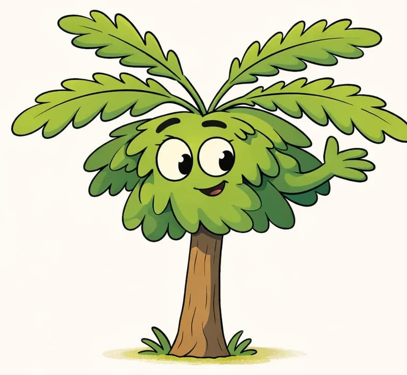 Pawpaw tree stands on the right side of the image with a warm, welcoming smile and gentle eyes, looking slightly downward as if inviting someone closer. The tree's large leafy fronds spread outward like open arms against a plain white background. The scene is set outdoors in bright daylight with a calm, welcoming atmosphere.