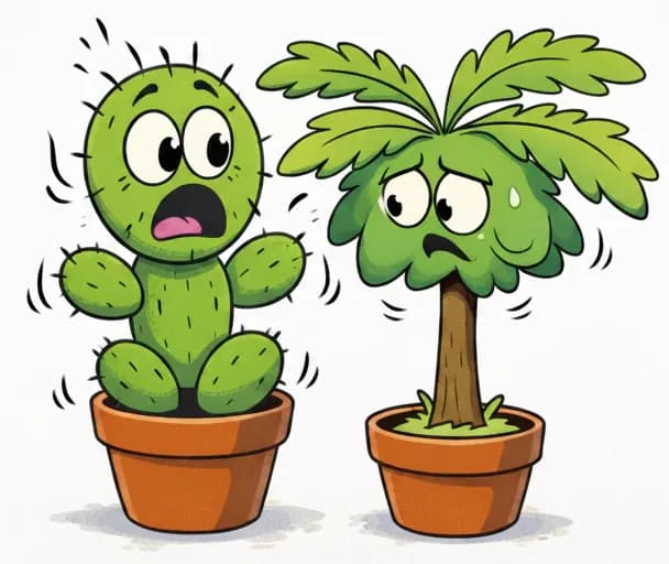 On the left side of the image, Spike stands in his terracotta pot next to Pawpaw tree (also in a pot), both with surprised, wide-eyed expressions. Spike is shaking, mouth open in shock with his small arms raised, and Pawpaw tree looks upset and is trembling, with a worried frown, drooping green fronds, and a single sweat drop on her leafy crown. Motion lines surround both characters, suggesting an agitated reaction. The right side of the image is plain white background.