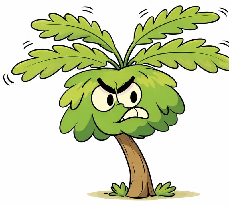 On the right side of the image, Pawpaw tree stands with an angry, furrowed expression, frowning and looking upset, leaning away as if pulling back from someone. Its large leaf fronds are trembling with agitation, indicated by small motion lines above them. The left side of the image is plain white background, leaving ample space for text overlay.